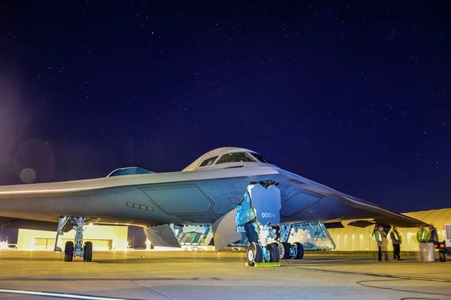 B-2 bomber being serviced at night