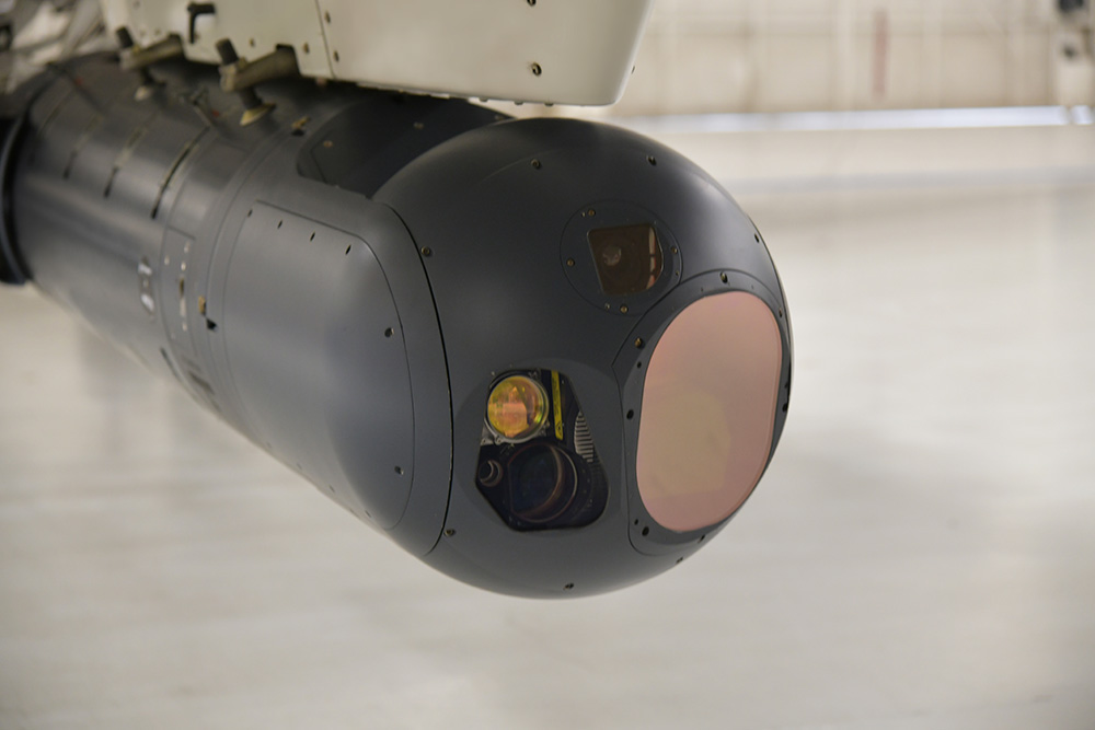 LITENING Large Aperture targeting pod on an aircraft in the hangar