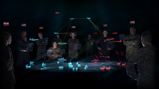 group of soldiers in dark situation room
