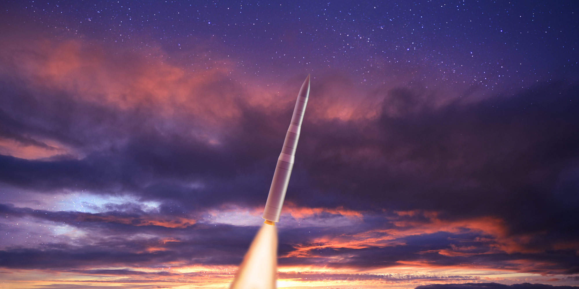 Missile launch in colorful sunset