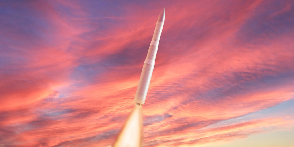 missile launch into colorful sunset