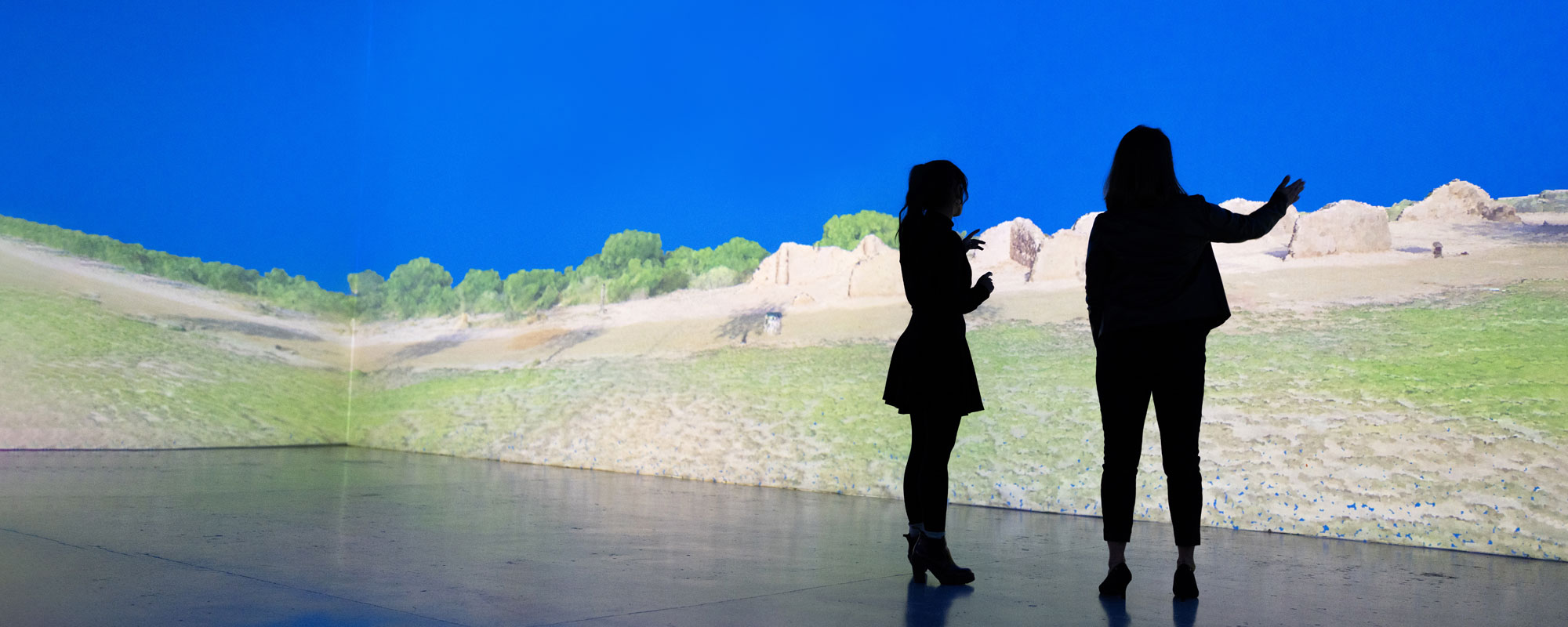 two women stand facing a digital screen that takes up entire wall and depicts a blue sky and green grass, with their backs to the camera