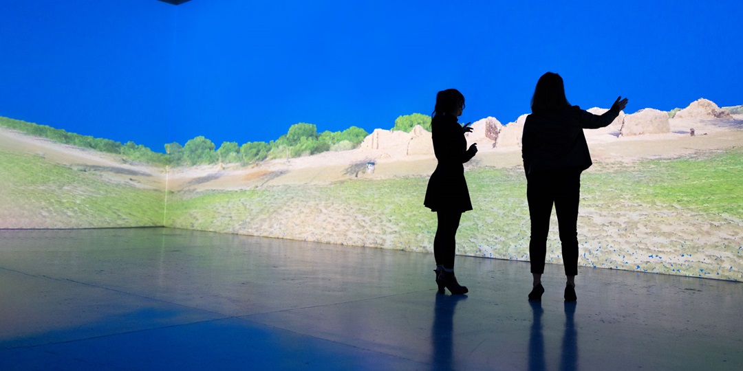 Two people standing in silhouette again large digital screens. 
