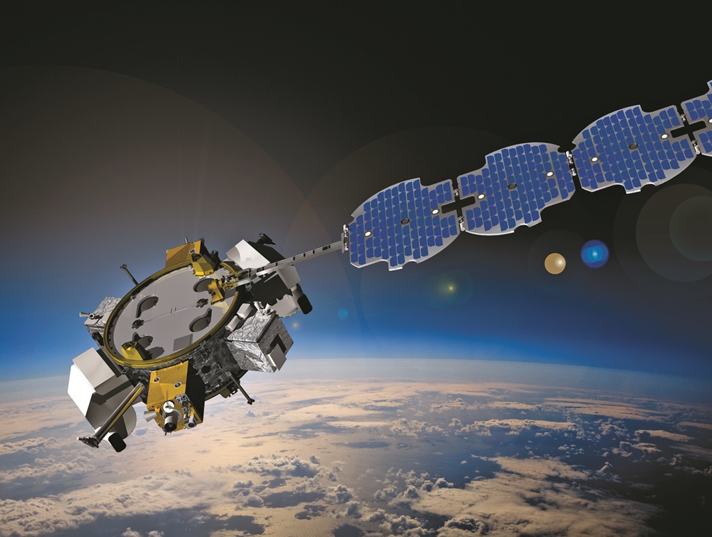 A satellite in orbit in space above earth
