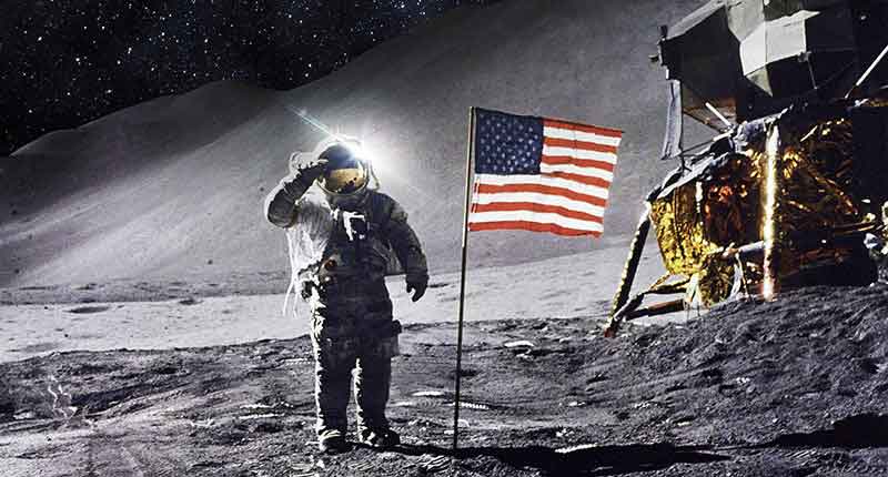 Iconic image of astronaut standing on the moon during the Apollo V mission.