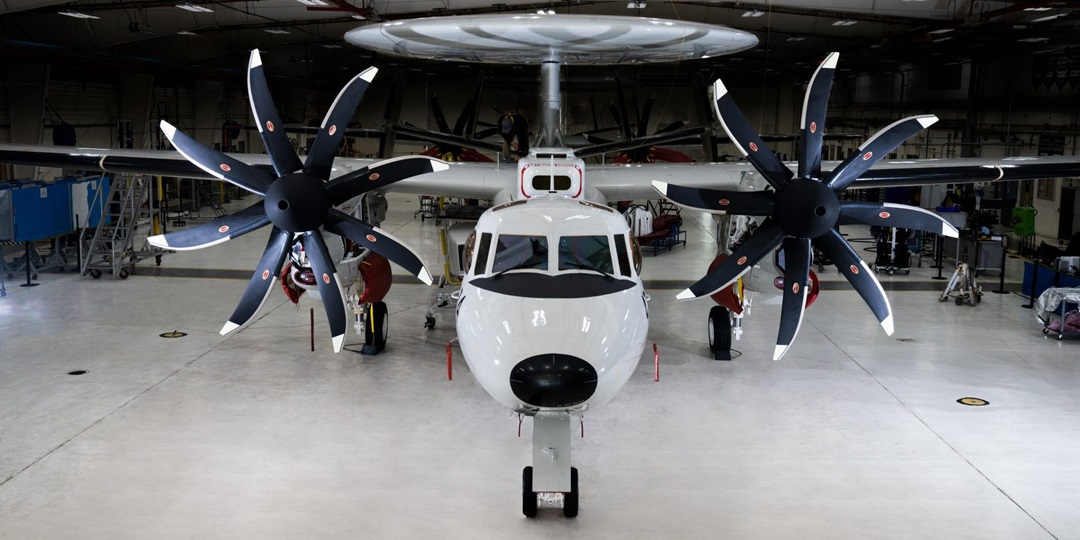 Front view of E-2 military plane