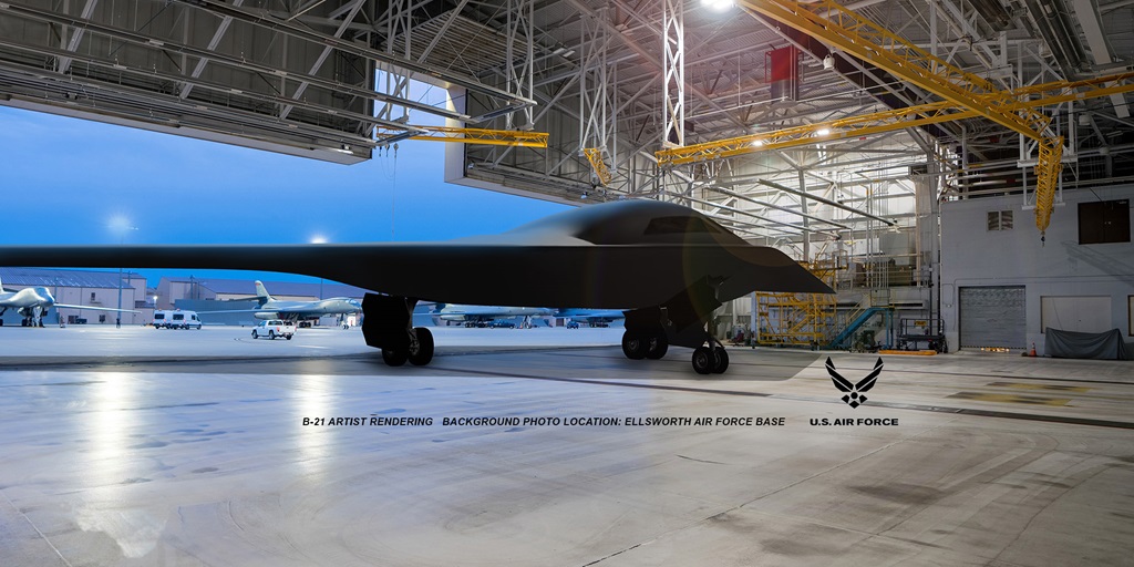 B-21 Artist Rendering with Background Photo Location at Ellsworth Air Force Base