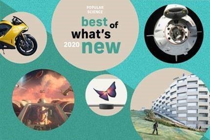 Teal blue banner of Popular Science best of what's new 2020