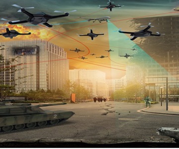 an illustration of drones flying above city streets
