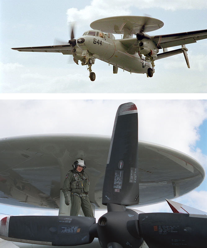 Top image: aircraft flying. Bottom image: pilot standing on wing of aircraft.