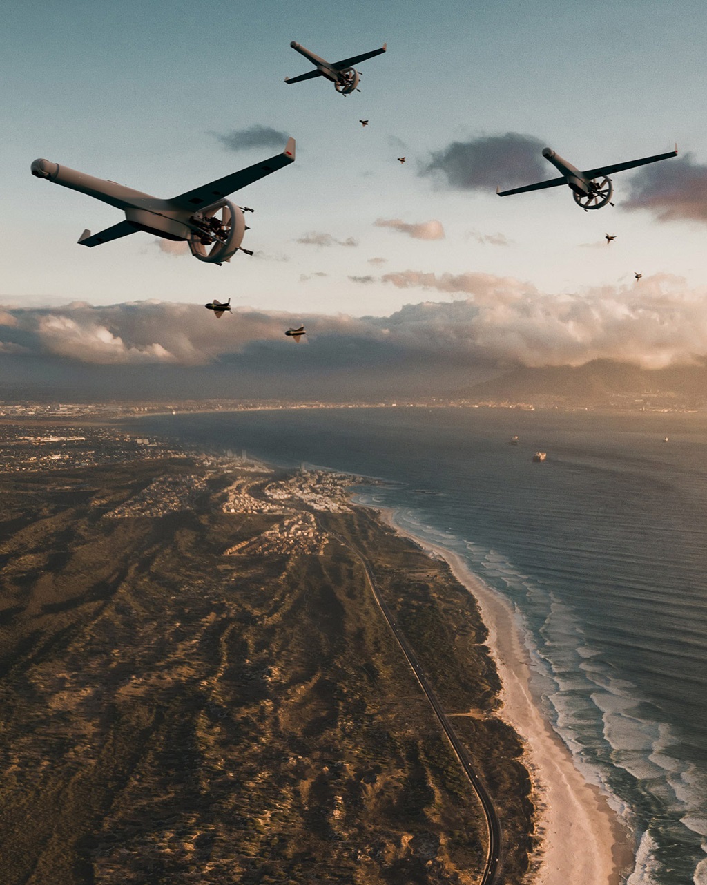 three unmanned vehicles flying above cliffs