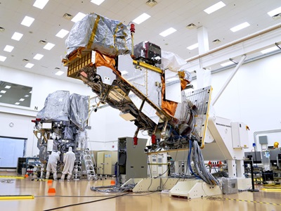 Satellite being serviced in cleanroom