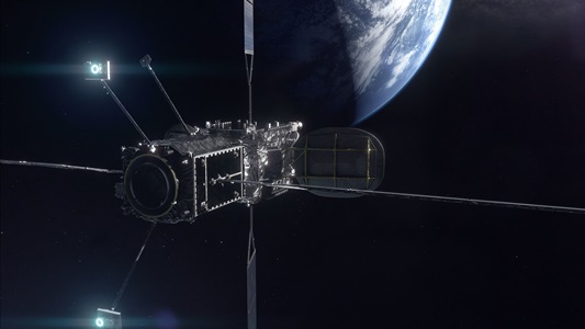 Mission Extension Vehicle attached to a large satellite orbiting the Earth