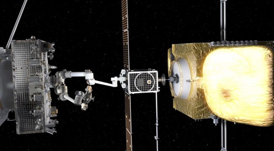 a spacecraft services a satellite in space