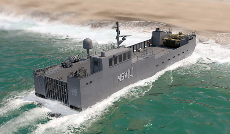 Conceptual illustration of the Army’s Maneuver Support Vessel landing on beach