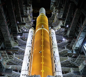 Space Launch System rocket, with twin Northrop Grumman solid rocket boosters, awaits the first Artemis program launch