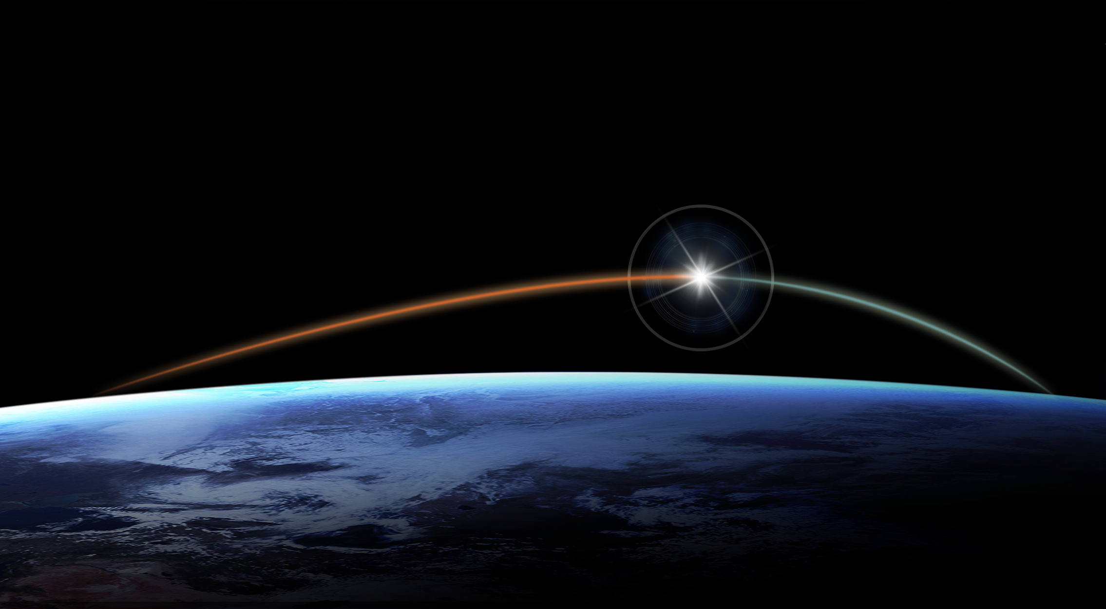 Twilit sky in space with a bright star and streak arching over Earth’s atmosphere