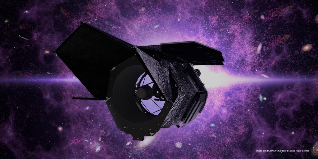space telescope with purple skies and galaxies