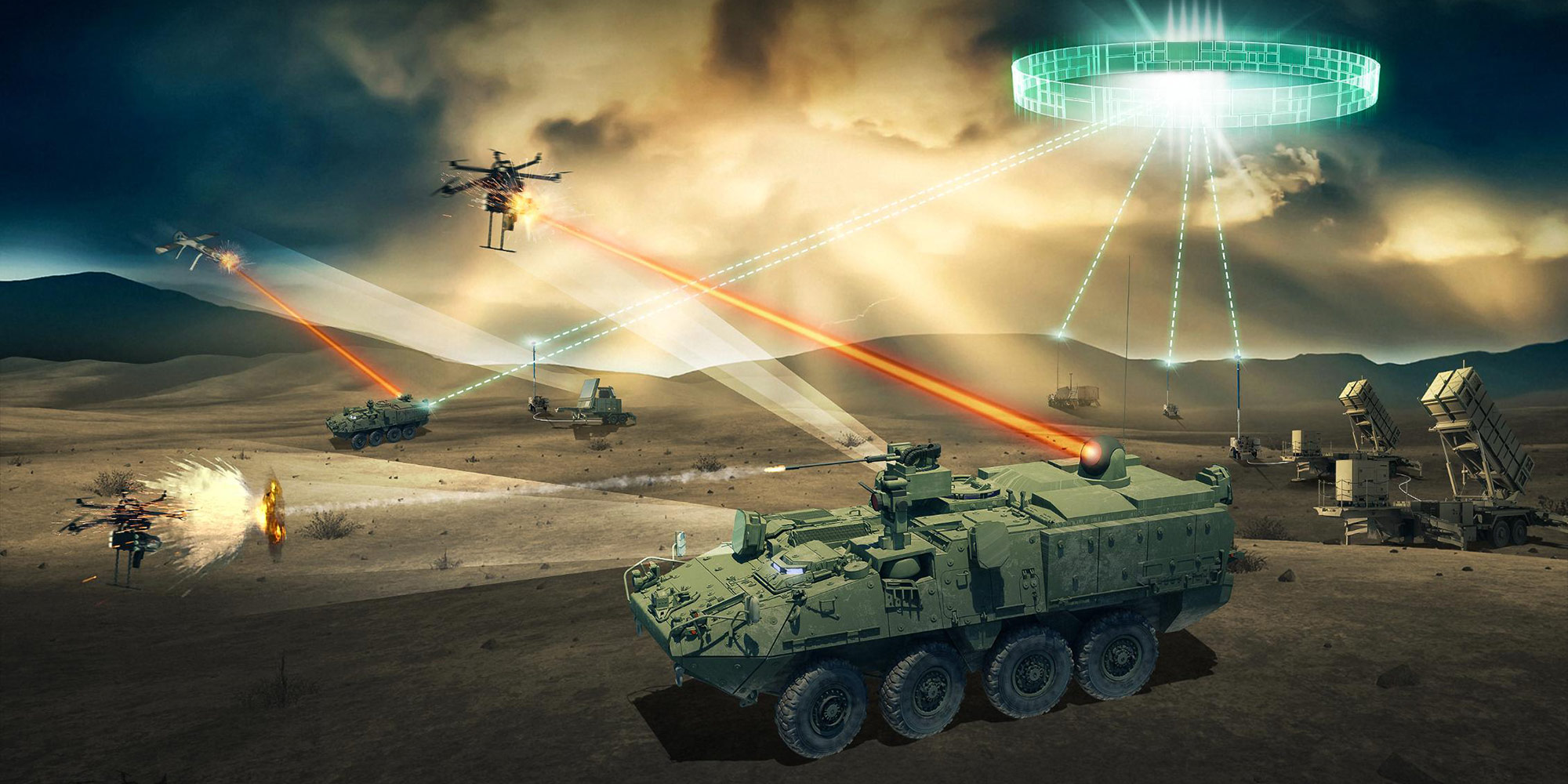 Tanks shooting lasers at unmanned aerial vehicles