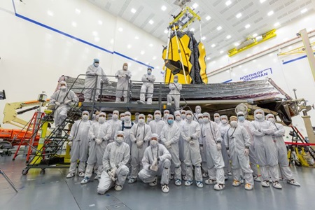 Northrop Grumman Webb team in front of the James Webb Space Telescope in cleanroom