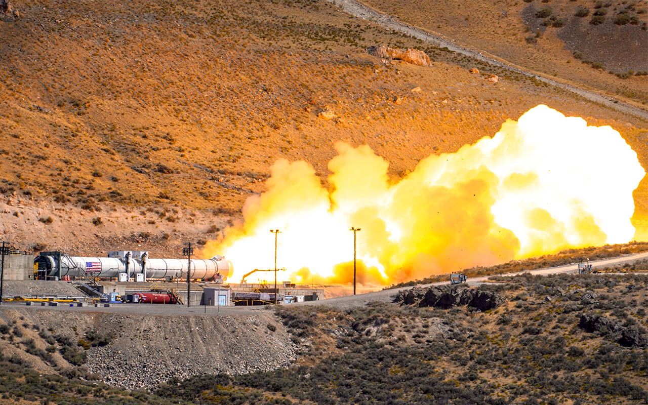 Rocket launch test with smoke and flames