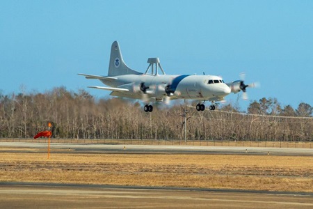 U.S. Customs and Border Protection P-3 Orion aircraft arrives at Northrop Grumman's Aircraft Maintenance and Fabrication Center in Lake Charles, Louisiana, for depot level maintenance.