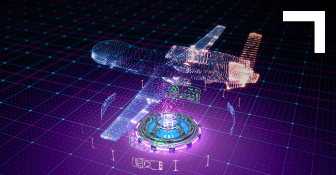 Digital rendering - diargram of global hawk aircraft on a purple/digital background sized for facebook