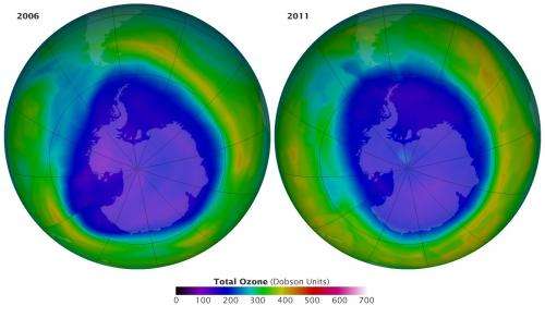 Maps of earth show the Antarctic ozone hole on September 16 in 2006 and 2011