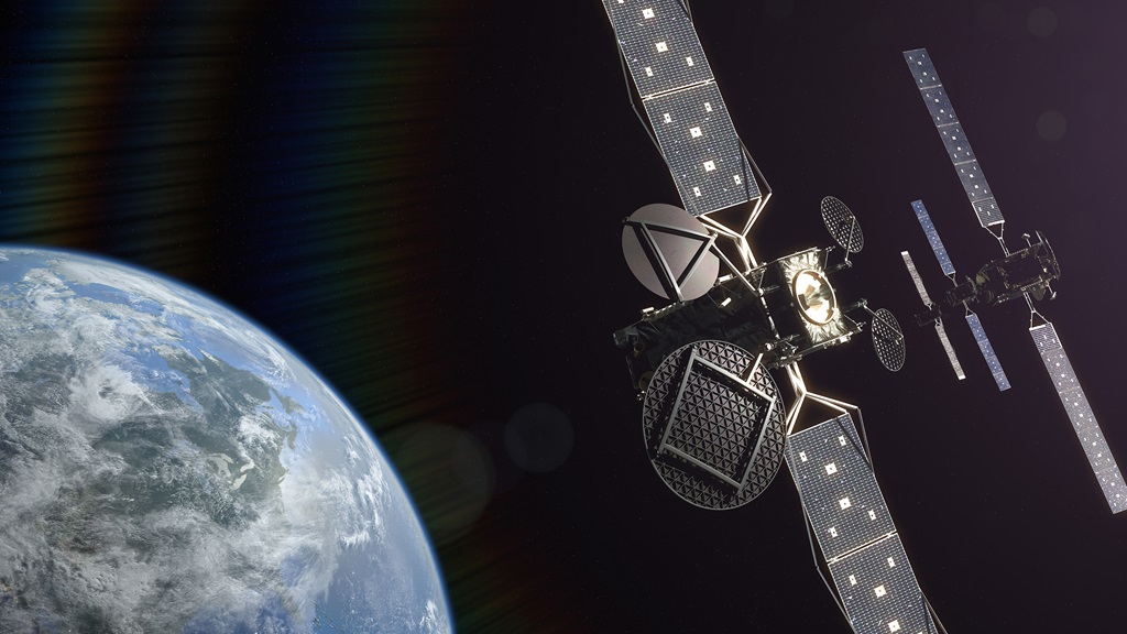 A satellite orbiting the Earth in Space in dark sky