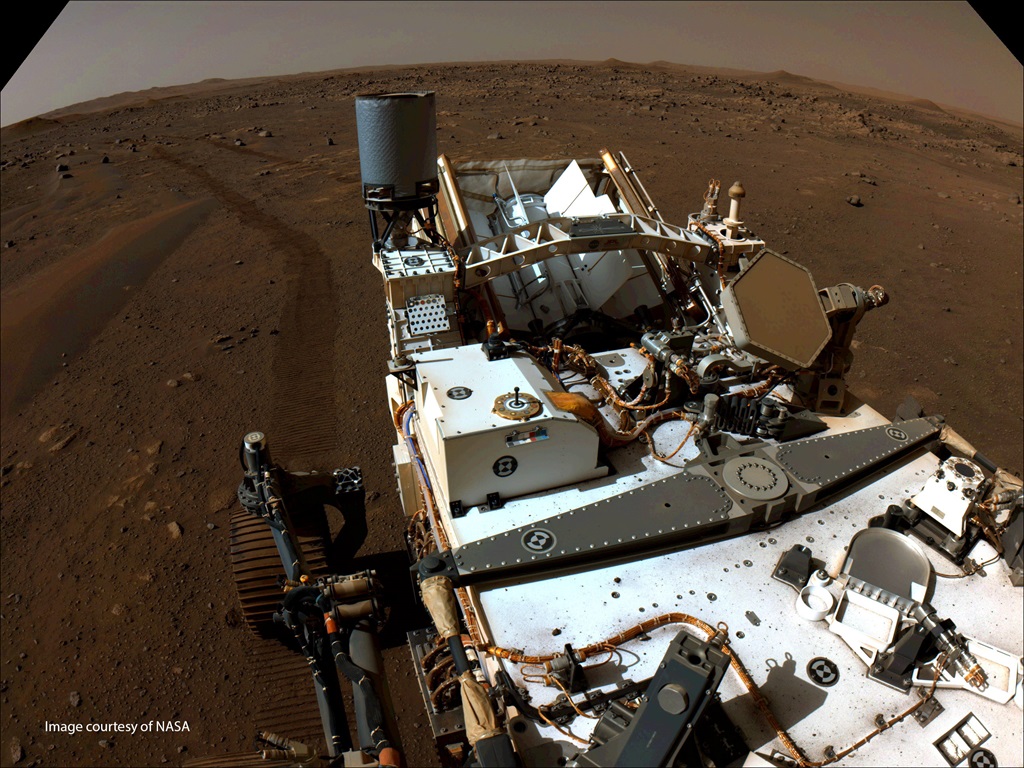 NASA’s Perseverance Mars rover looks back toward its tracks on July 1, 2021.