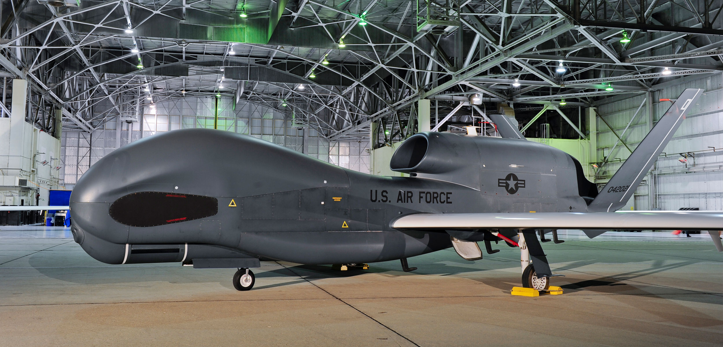 Global Hawk unmanned military surveillance aerial vehicle in hangar